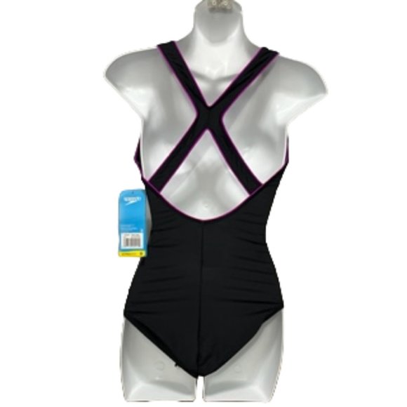 SPEEDO UltraBack Black With Purple Contrasting Piping One-Piece Swimsuit NWT - Picture 3 of 14
